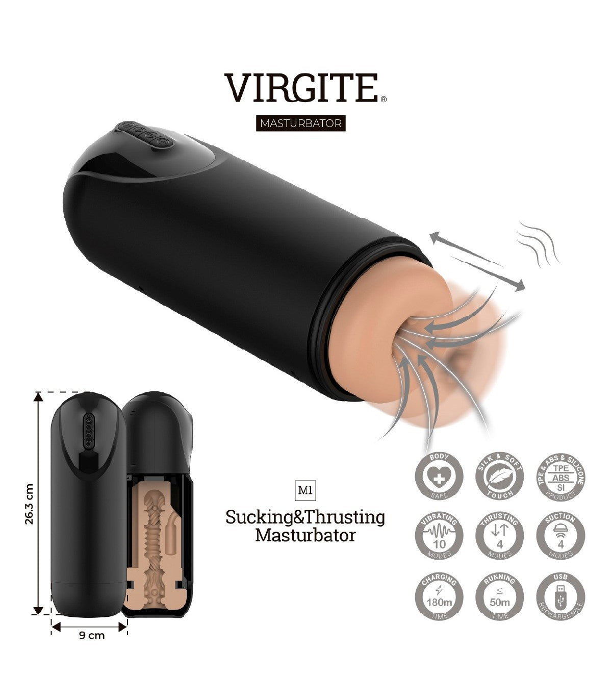 Vibrador Virgite - Masturbator Masturbador M1 Succión / Sube Y Baja / Vibración Flesh Usb | Potente, recargable y con múltiples ritmos