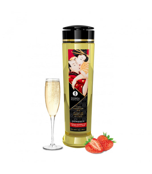 Aceite de masaje erótico Shunga Aceite Masaje Romance Fresas Champagne 240 Ml | Sensaciones cálidas y piel sedosa