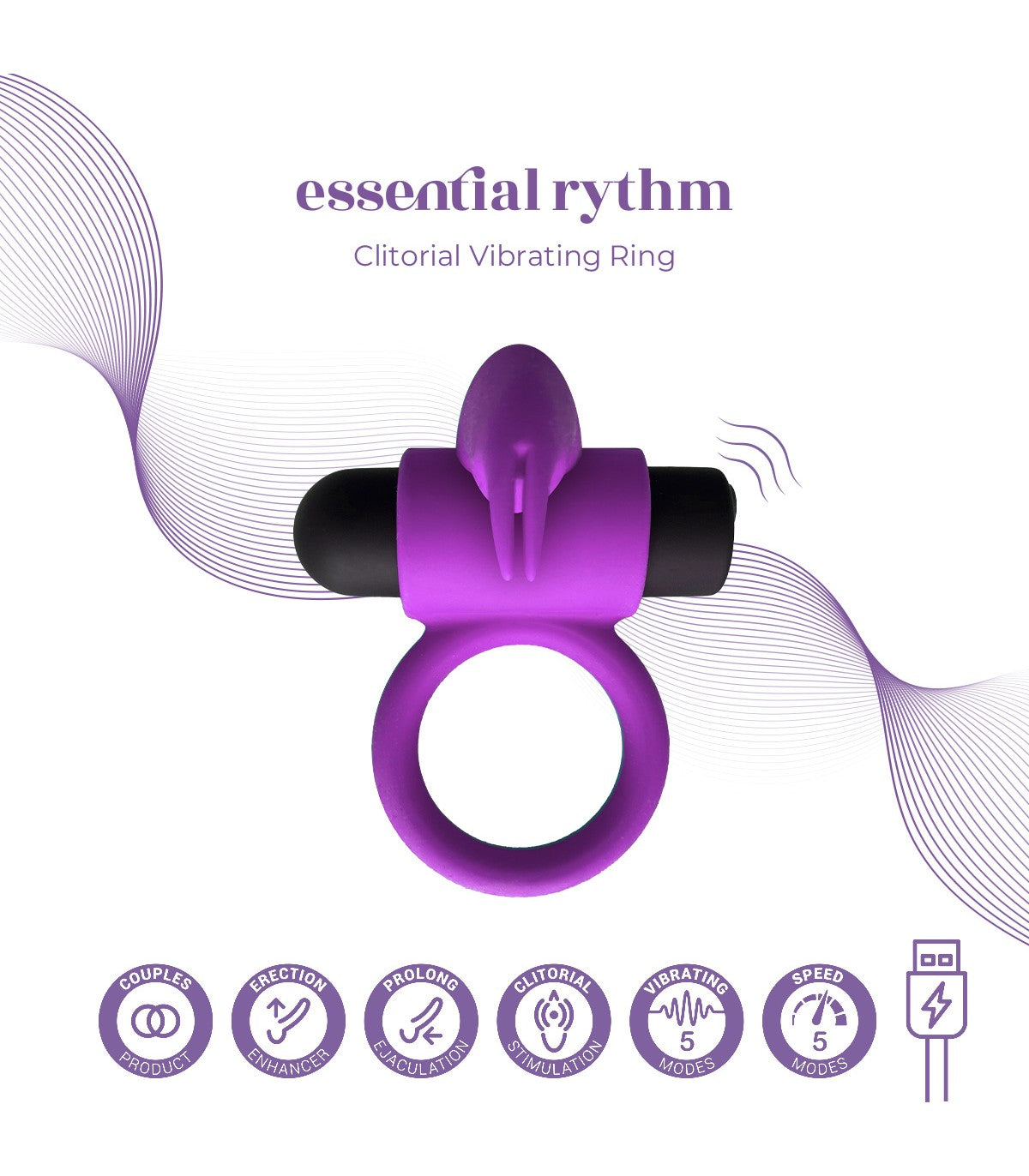 Vibrador Virgite - Essentials Anillo Vibrador E9 Morado Recargable | Potente, recargable y con múltiples ritmos